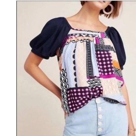 Maeve Tops - Maeve Anthropologie Abstract Patchwork Cataina Puff Sleeve Top